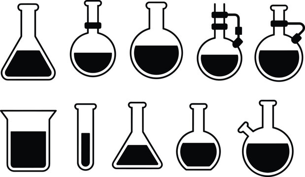 Laboratory glassware icon set with flasks beakers test tubes and scientific chemistry equipment vector illustration