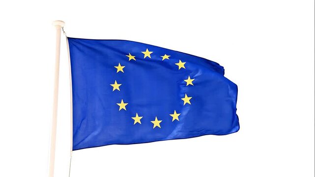 European UE flag on a pole isolated on white background  waving in the wind, HD video loopable footage, seamless loop