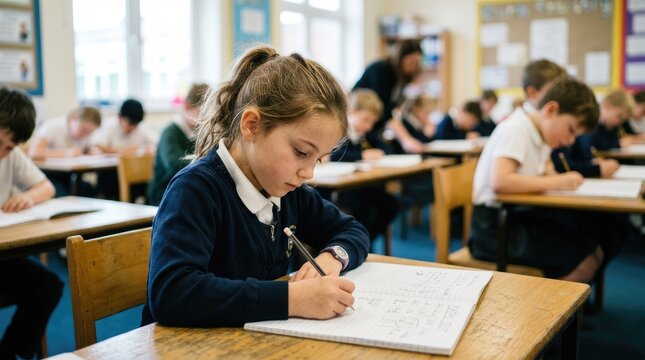A young girl concentrates intently on her math worksheet in a classroom setting. Several other elementary school students are also working at their desks, engaged in similar tasks.