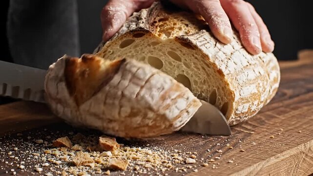 Closeup of a baker slicing a rustic loaf of sourdough bread on a wooden cutting board.