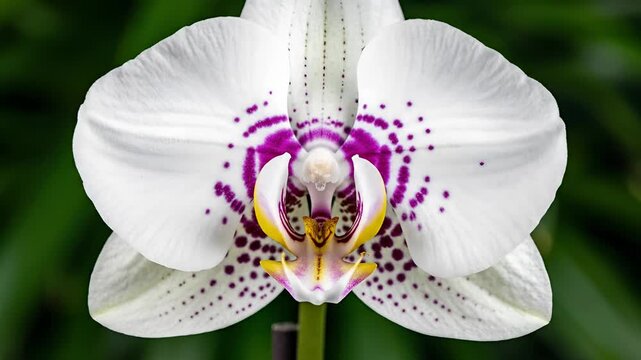 Closeup of a beautiful white orchid flower with purple spots.