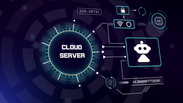 Modern cloud server management interface with robotic icon for automated data hosting and global network administration, hud animation