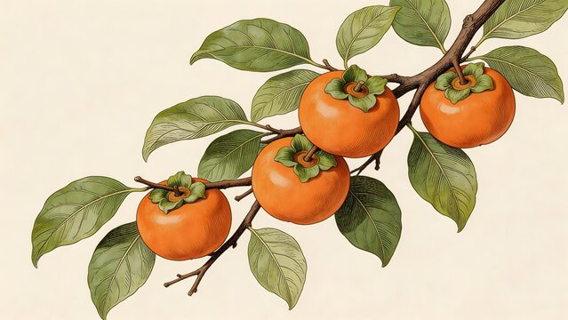 Persimmon fruit on branch with leaves