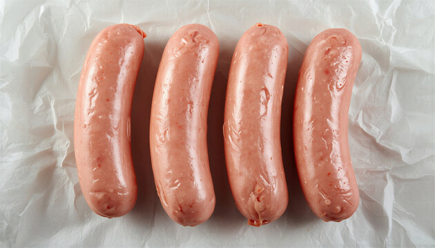 Four uncooked sausages arranged on parchment paper  
