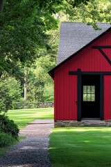 Obraz premium Visit a red barn near a pathway in a green landscape with trees and grass on a sunny day, highlighting the charm of rural settings and nature