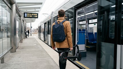 Obraz premium Young man with backpack carrying electric scooter boarding modern city tram.