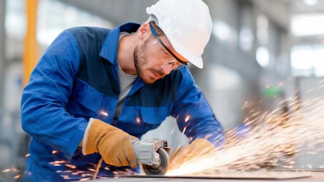Mastering the Spark: A skilled artisan, engulfed in focused intensity, expertly wields a grinding tool, producing a mesmerizing cascade of sparks.