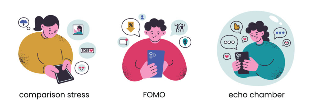 Social media problems scenes set, flat cartoon male and female characters with phones, comparison stress, FOMO and echo chamber. Modern digital life issues and smartphone addiction vector illustration