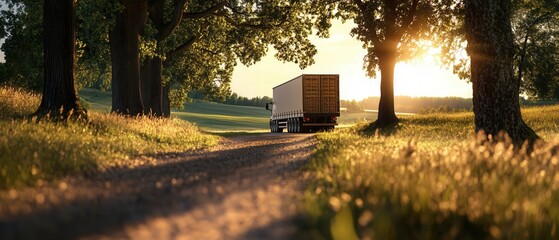 Naklejka premium Truck travels through a serene countryside landscape at sunset surrounded by trees along a dirt road