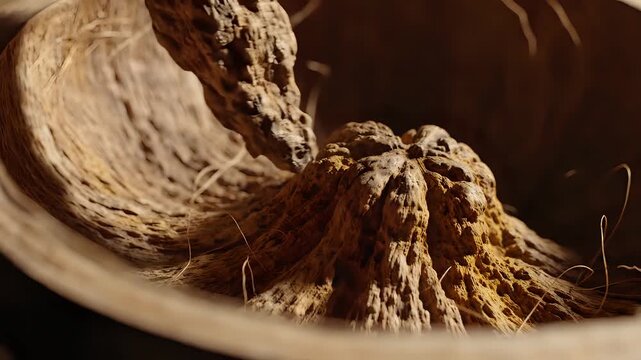 Closeup of a dry fibrous coconut husk in natural light.