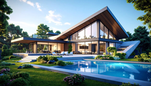 Futuristic Residential Architecture: Modern Mansion with Dramatic Angular Roofline