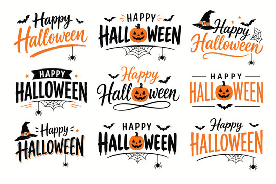 Happy Halloween typography set with festive spooky design elements perfect for seasonal decoration greeting card and party invitation