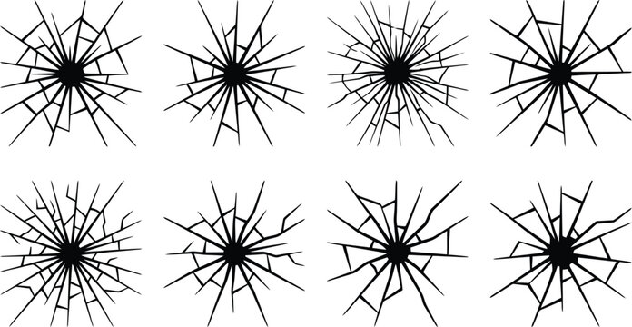 Conjunto de ocho patrones de vidrio roto con grietas radiales desde un punto central, ideal para efectos visuales.