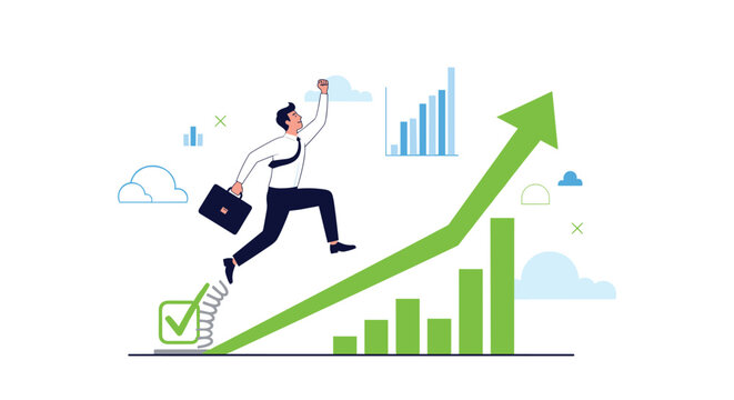 Successful businessman using a flexible springboard to launch himself upward along a positive growth bar chart.