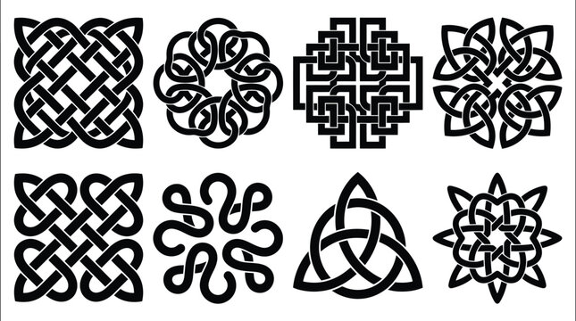 Colecci&oacute;n de ocho intrincados nudos celtas y patrones de dise&ntilde;o de arte de nudos, que muestran simetr&iacute;a y complejidad geom&eacute;trica.