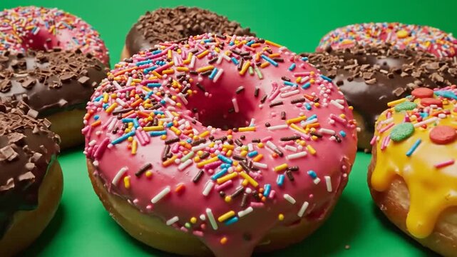 A collection of delicious, colorful frosted pastries with sprinkles arranged on a vibrant green surface, ready to eat and enjoy