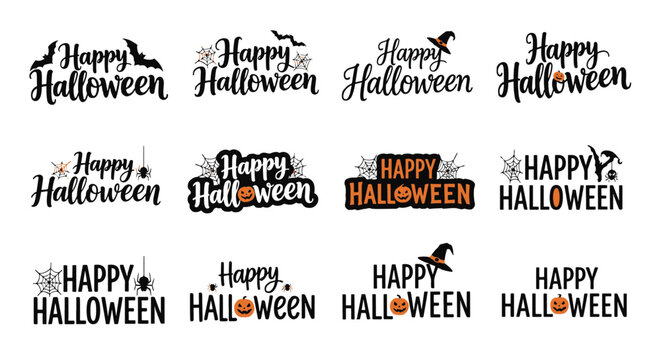 Creative Happy Halloween typography with bats pumpkins spider webs and festive lettering perfect for seasonal design and decoration