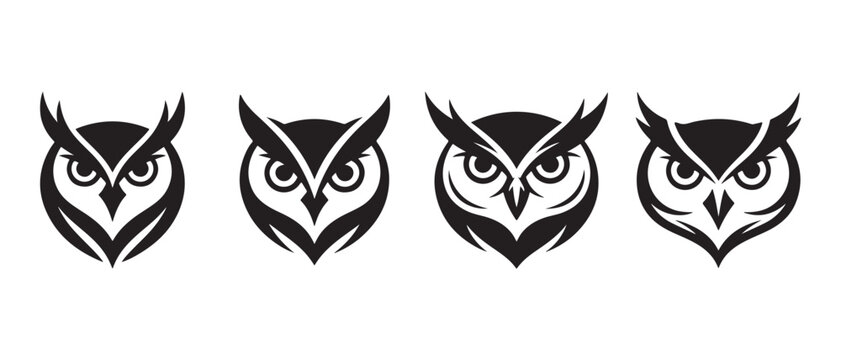 Collection of Stylized Black Owl Head Silhouettes, Minimalist Bird Face Icons for Branding and Logo Design.