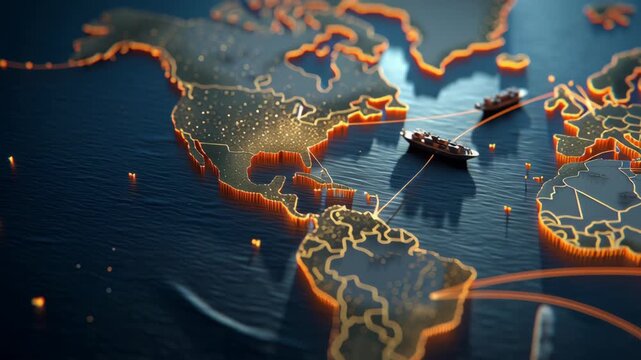 3D Isometric Map of Continents with Ships Sailing in Ocean  Representing Trade  and Geography