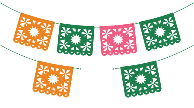 Festive Paper Flag Garland for Cinco de Mayo, Colorful Mexican Holiday Banner with Traditional Decorative Flags, May 5 Celebration Vector Illustration for Party, Event, and Cultural Design
