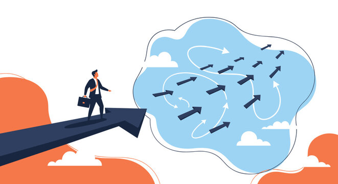 Strategic thinker standing on large arrow choosing path among many chaotic arrows in conceptual business illustration.