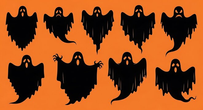 Halloween ghosts flying in orange background.