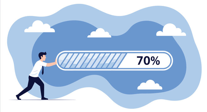 Hardworking man pushing progress bar showing seventy percent completion representing project status and task efficiency.
