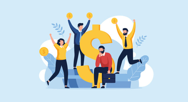 Group of cheerful people celebrating financial success while one depressed businessman sits alone on a large dollar symbol.