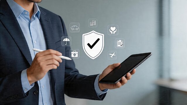 Businessman holding tablet and pen digital security concept with shield icon data protection cyber safety insurance coverage cloud backup privacy risk management technology future