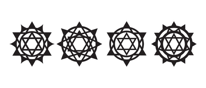 Set of mystical sacred geometry symbols. featuring hexagrams and celestial sun patterns on white background.