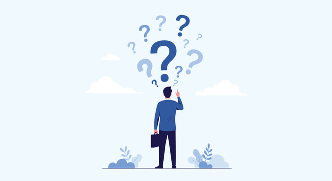 Businessman standing with his back turned while looking up at a floating cloud of blue question marks in the sky.