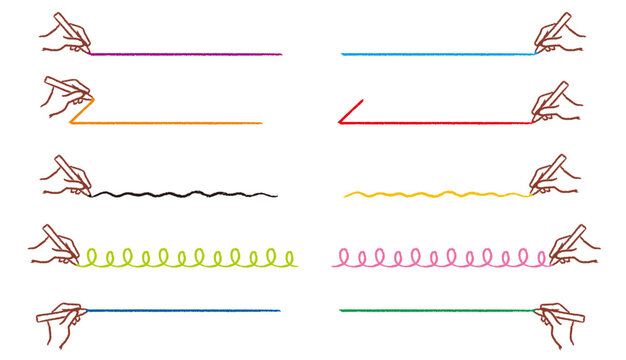 ペンで線を引く手の動作とカラフルな手描きアンダーラインセット / Hand drawing various colorful lines and underlines set