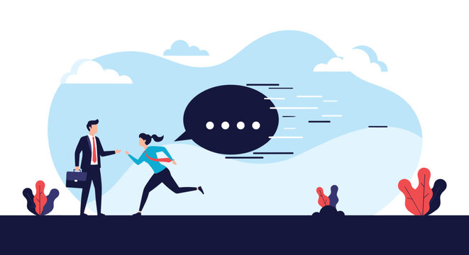 Businesswoman running towards a man while a large black speech bubble with dots follows her like a fast message.