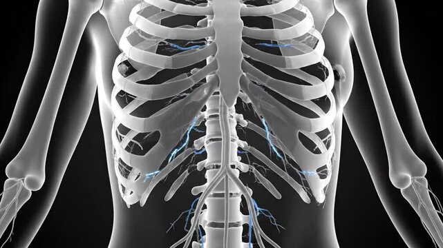 X-ray view of human skeleton, showing ribs, spine and upper body on black background