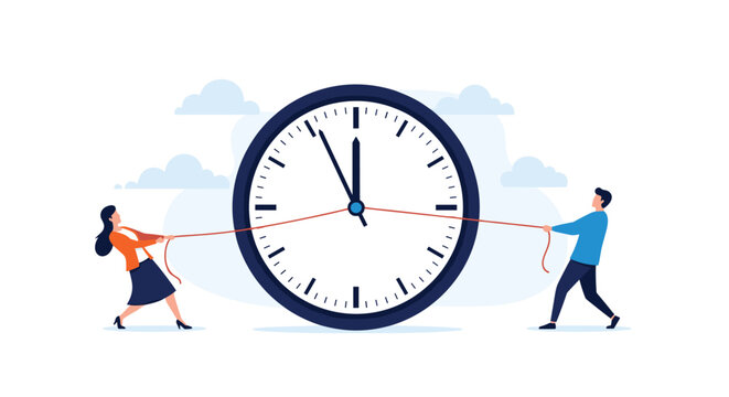 Man and woman engaged in a tug of war with ropes tied to the hands of a large white office wall clock.