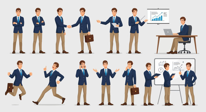 Businessman in various professional poses and activities.