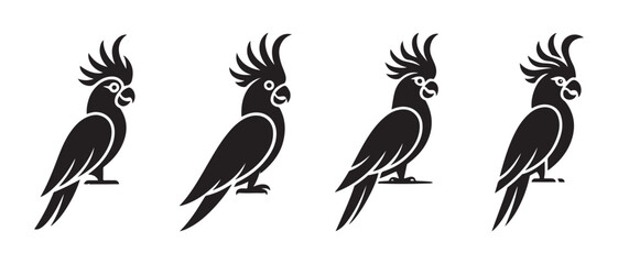 Black Cockatoo Bird Silhouettes, Parrot Icon Vector Set on White Background. © NadimStoker