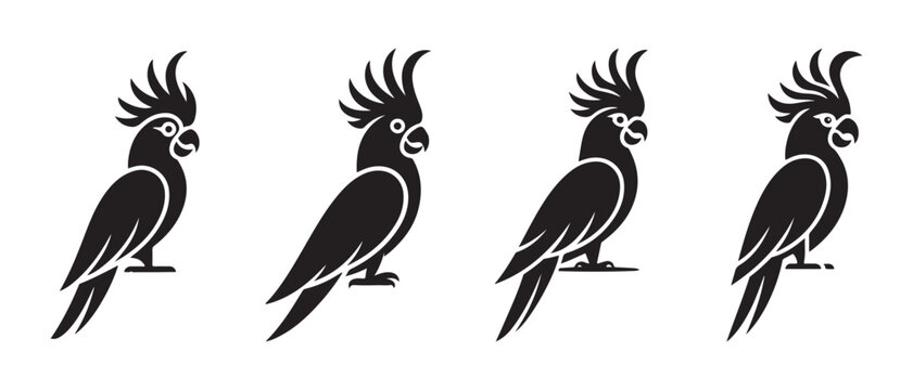 Black Cockatoo Bird Silhouettes, Parrot Icon Vector Set on White Background.
