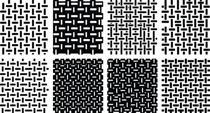 Colecci&oacute;n de ocho patrones geom&eacute;tricos abstractos con dise&ntilde;o de tejido de cesta en blanco y negro, mostrando variaciones en la densidad y orientaci&oacute;n de las l&iacute;neas.