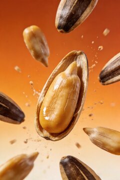 Flying sunflower seeds with cracked shell revealing kernel, dynamic food shot on orange gradient background, ideal for snack packaging, food ads, healthy ingredient visuals.