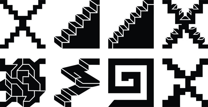 Conjunto de ocho patrones geom&eacute;tricos abstractos en blanco y negro, algunos con efecto tridimensional.