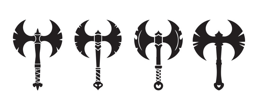 Battle axes with double blades and ornate handles.