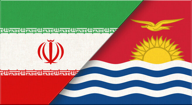 Double flag of Iran and Kiribati on fabric texture. Iran - Kiribati relations.
