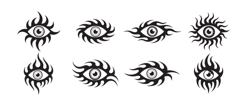 Tribal Eye Tattoo Icons Set. with Fire Flame Elements, Black Silhouette Mystic Symbols Collection.