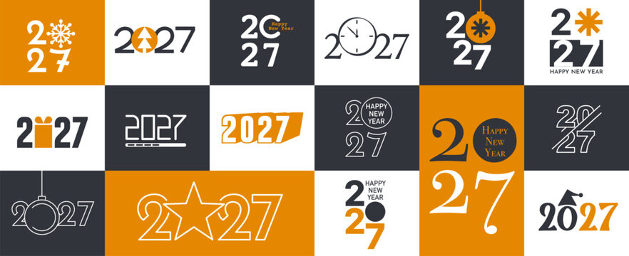 2027 New Year design template set, modern geometric numbers with holiday typography, festive greeting logo