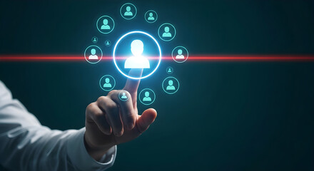 Fototapeta premium A person interacts with a glowing profile icon surrounded by smaller icons.