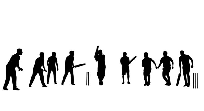 Black cricket player silhouettes in various actions isolated on transparent background, Vector