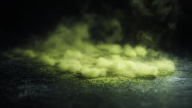 Ethereal Powder: A cloud of fine, yellow powder drifts gently, creating a captivating visual effect of delicate particles suspended in the air. This image evokes mystery and intrigue.