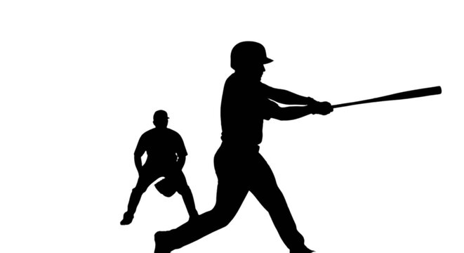 Black silhouette of baseball player hitting ball isolated on transparent background, Vector