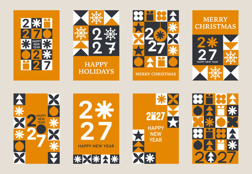 2027 New Year poster set with geometric mosaic numbers, abstract festive ornament and modern holiday graphic